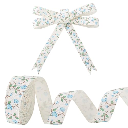 HOBBIESAY Baumwollband mit Blumenmuster, 1,6 cm x 4,9 m, Blumenmuster, Blumenband, einfach, frisch, Frühling, Vintage, cremeweiß, Garten-Bänder, zum Verpacken und Basteln, Geschenke von HOBBIESAY