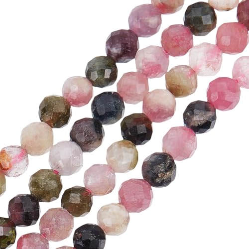 HOBBIESAY Ca. 90 Stück Facettierte Natürliche Turmalinperlen 4mm Runde Kleine Edelsteinstränge Gemischte Farben Lose Abstandsperlen Für Die Herstellung von DIY Halsketten Armbändern Ohrringen Und von HOBBIESAY