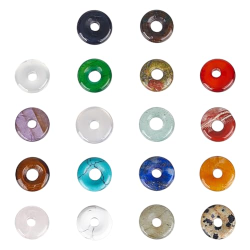 HOBBIESAY Donut-Scheiben-Edelstein-Anhänger, 12–13 mm, Donut-Scheibe, Naturstein-Anhänger, Chakra, polierter Stein, flache Donut-Steine, Perlen für Schmuckherstellung, Loch: 3 mm, 18 Stück von HOBBIESAY