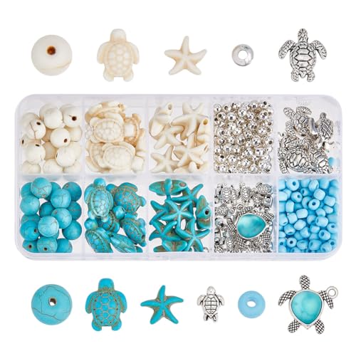 HOBBIESAY Etwa 252 Stück Perlen Mit Ozean Motiven Blau Weiß Seestern Türkisfarbene Perlen Sortiment Schildkröten Ozean Legierung Charms Für DIY Sommer Strand Armbänder Schmuckherstellung Bohrung: 1mm von HOBBIESAY