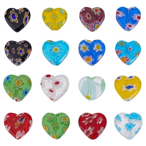 HOBBIESAY Glasperlen in Herzform, flach, Blumen, glasierte Perlen, Millefiori, Glasperlen, bunte Herzform, Blume, lose Perlen für Frauen, DIY-Armband, Halskette, Schmuckherstellung, 60 Stück von HOBBIESAY