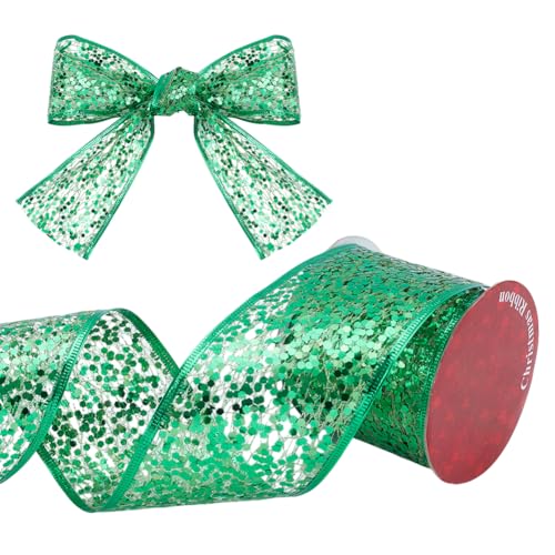 HOBBIESAY Grünes Drahtband mit Pailletten, 5,1 cm, handgefertigt, Drahtrand, glitzernde Netzbänder für Innendekoration, Hochzeitseinladungen, Blumenstrauß, Verpackung, 9,1 m von HOBBIESAY