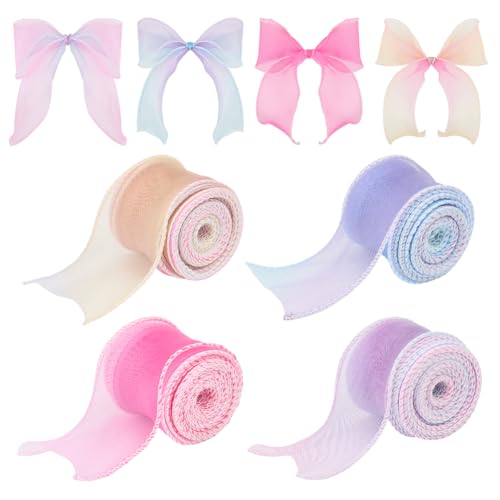 HOBBIESAY Organza-Spitzenband mit Farbverlauf, 40 Meter, durchscheinender Stoff, plissiert, gerüscht, durchscheinender Rand, Tüllbordüre, für Geschenkverpackungen, Weihnachtsdekoration, 4,1 cm breit von HOBBIESAY