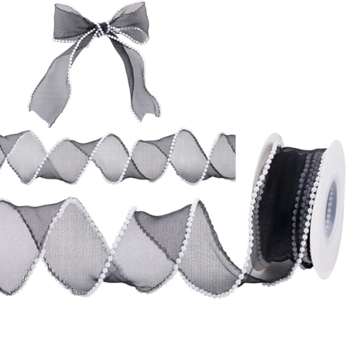 HOBBIESAY Spitzenborte mit Perlenrand, schwarz, 4,9 cm breit, durchscheinendes Organzabänder, Netz-Spitzenband, dekorativ, bestickt, für Ansteckblumen, Hochzeit, Nähen, Basteln, 9,1 m lang, 2 Rollen von HOBBIESAY