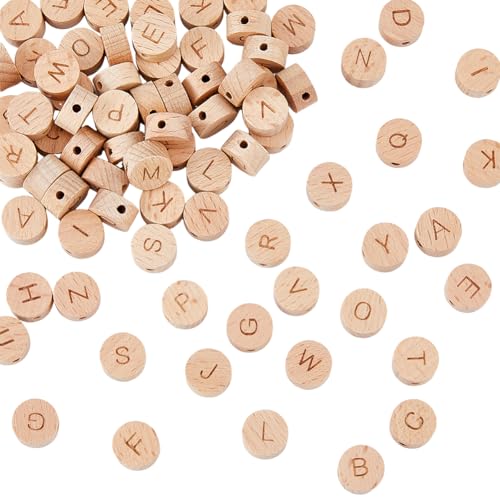 HOBBIESAY Ungefärbte Holzperlen, 5 x 8 mm, horizontales Loch, zufällige Alphabet-Perlen, flach, rund, mit lasergraviertem Buchstaben A-Z, Würfel, Holzperlen mit Initialen 26 Buchstaben für von HOBBIESAY