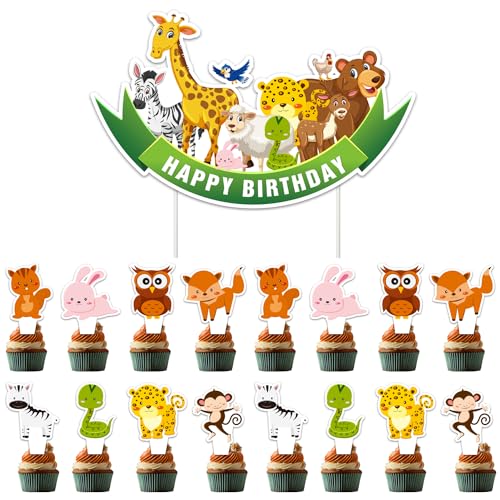 Cartoon Tier Kuchendekoration 49 Stück Waldtiere Tortendeko Zebra Cupcake Topper Kaninchen Muffin Deko Tiger Cake Topper Eule Geburtstagsdekoration für Kinder Junge Party Deko von HOBBOY