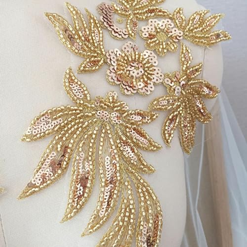 2 Stück Gold Off-White Perlen Pailletten bestickt Spitze Patch Brautkleid Applikation dekorativer Schleier von HOCEDO