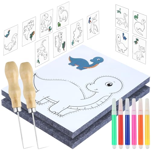 2 Stück Prickelnadel Set Kinder, Prickelset Kinder mit 2 Prickelfilz, 2 Prickelnadel, 12 Stickbildern und 6 Aquarellstifte, Prikelnadeln Set Kinder 3 Jahre, Prickeln Kunst Kit für Kreative Projekte von HOCUCHELAND