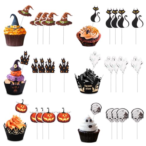 24 Stück Halloween Cupcake Topper, 6 Muster Kuchen Deko, Ghost Castle Kürbis Schädel Katze Hexe Hut Tortendeko, Muffin Deko für Kuchen Essen Käseplatte Vorspeisen 24 Stück Halloween Cupcake Topper, 6 Muster Kuchen Deko, Ghost Castle Kürbis Schädel Katze Hexe Hut Tortendeko, Muffin Deko für Kuchen Essen Käseplatte Vorspeisen von HOCUCHELAND