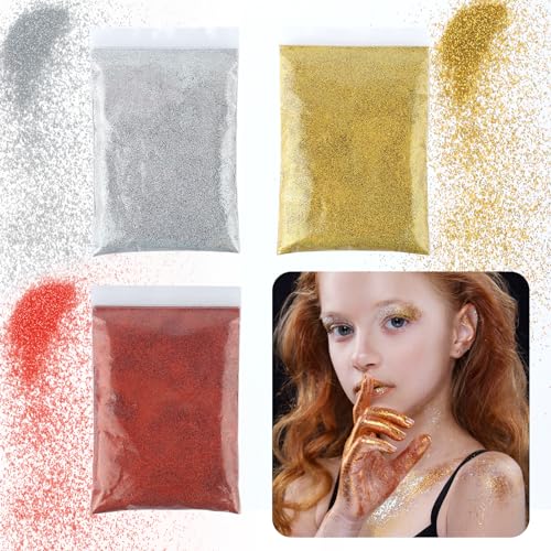 3 Stück Glitzer Basteln, 50g/ Packung Glitzerpulver zum Basteln mit Silber, Gold, Rot, Streuglitzer Bunt Glitter Praktisch für Nägel Gesicht Makeup Kartenbasteln Handwerk von HOCUCHELAND