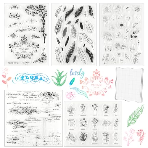 5 Stück Silikonstempel, Stempel Blumen Clear Stamp, Zeichen Blumen und Blätter Silikonstempel mit Acrylblock, Vintage Silikon Stempel Set für DIY Journal Pflanzen Scrapbooking von HOCUCHELAND