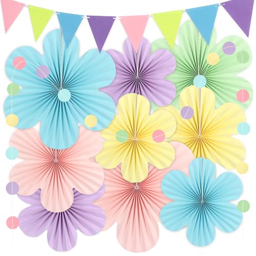 9 Stück Papierblumen zum Aufhängen, Papierfächer Papierblumen Deko mit 2 Stück Zugfahnen, Blumen zum Basteln Gartenparty Deko, Blumen Papier Party Deko für Hochzeit, Geburtstag, Babyshower Backdrop von HOCUCHELAND