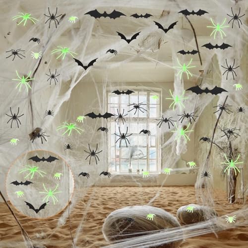 Halloween Spinnennetz, 300g Halloween Deko Spinnennetz mit 65 Spinnen und 12 Fledermaus, 1800 Quadratmeter Spinnennetz Halloween, Halloween Spinnweben Dekorationen für Halloween Party Karneval Halloween Spinnennetz, 300g Halloween Deko Spinnennetz mit 65 Spinnen und 12 Fledermaus, 1800 Quadratmeter Spinnennetz Halloween, Halloween Spinnweben Dekorationen für Halloween Party Karneval von HOCUCHELAND