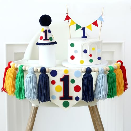 HODIHIWI Bunte Regenbogen-Punkte 1. Geburtstag Hochstuhl Banner Holzperlen Quaste Girlande konische Kappe Primärfarben Kuchen Topper Party Dekorationen von HODIHIWI