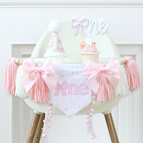 HODIHIWI Rosa Schleife 1. Geburtstag Hochstuhl Banner Dekorationen Holzperle Quaste Girlande Kegel Hut Holz Kuchen Topper für Baby Mädchen HODIHIWI Rosa Schleife 1. Geburtstag Hochstuhl Banner Dekorationen Holzperle Quaste Girlande Kegel Hut Holz Kuchen Topper für Baby Mädchen von HODIHIWI