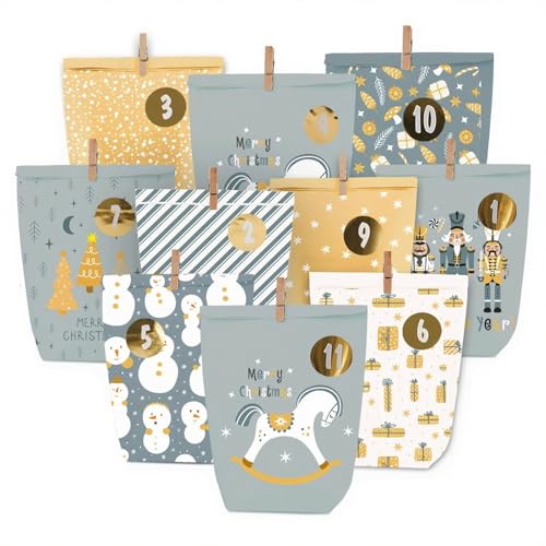 Adventskalender zum Befüllen, Weihnachtskalender zum selber befüllen, 24 Bedruckt Adventstüten zum selbst füllen, Geschenk Papiertüten mit Zahlen Aufkleber zum Selbstbefüllen (Blau) von HOECMRHP