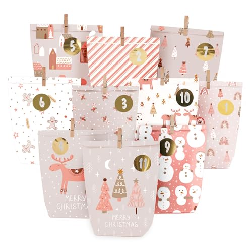 Adventskalender zum Befüllen, Weihnachtskalender zum selber befüllen, 24 Bedruckt Adventstüten zum selbst füllen, Geschenk Papiertüten mit Zahlen Aufkleber zum Selbstbefüllen (Rosa) von HOECMRHP