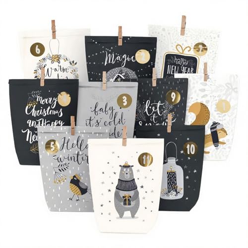 Adventskalender zum Befüllen, Weihnachtskalender zum selber befüllen, 24 Bedruckt Adventstüten zum selbst füllen, Geschenk Papiertüten mit Zahlen Aufkleber zum Selbstbefüllen (Schwarz) von HOECMRHP