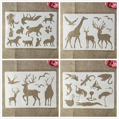 Schablonen zum Basteln, A4, 29 cm, Hirsch, Giraffe, Wildtiere, wiederverwendbare Kunststoffvorlagen für Holz, Wand, Stoff, Leinwand, Möbel, Boden, Stein, Karten, 4 Stück Schablonen zum Basteln, A4, 29 cm, Hirsch, Giraffe, Wildtiere, wiederverwendbare Kunststoffvorlagen für Holz, Wand, Stoff, Leinwand, Möbel, Boden, Stein, Karten, 4 Stück von HOFALUYUSUN