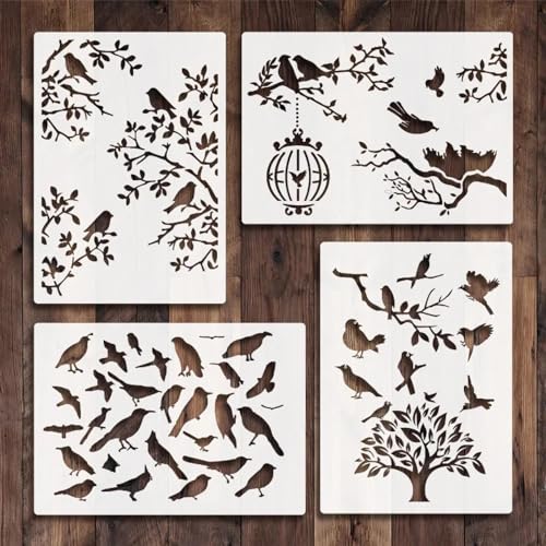 Schablonen zum Malen, 4 Stück, A4, 29 x 21 cm, Motiv: Vögel, Baum und Blätter, wiederverwendbare Schablonen zum Malen auf Holz, Leinwand, Möbelboden, DIY-Kunstbedarf, Dekoration Schablonen zum Malen, 4 Stück, A4, 29 x 21 cm, Motiv: Vögel, Baum und Blätter, wiederverwendbare Schablonen zum Malen auf Holz, Leinwand, Möbelboden, DIY-Kunstbedarf, Dekoration von HOFALUYUSUN