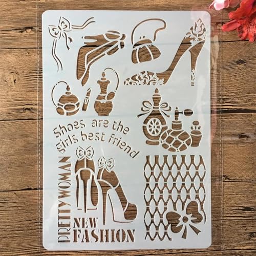 Schablonen zum Malen, A4, 29 x 21 cm, Mädchen-Schuhe, Rose, Paris, Feder, wiederverwendbare Schablonen zum Malen auf Holz, Leinwand, Möbelboden, DIY-Kunstbedarf, Dekor, Stil 9 von HOFALUYUSUN
