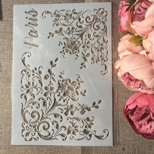 Schablonen zum Malen, A4, 29 x 21 cm, Paris-Blumenrand, wiederverwendbare Schablonen zum Malen auf Holz, Leinwand, Möbelboden, DIY-Kunstbedarf, Dekor-Stil A von HOFALUYUSUN