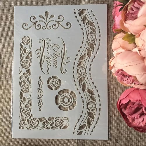 Schablonen zum Malen, A4, 29 x 21 cm, Paris-Blumenrand, wiederverwendbare Schablonen zum Malen auf Holz, Leinwand, Möbelboden, DIY-Kunstbedarf, Dekor-Stil J von HOFALUYUSUN