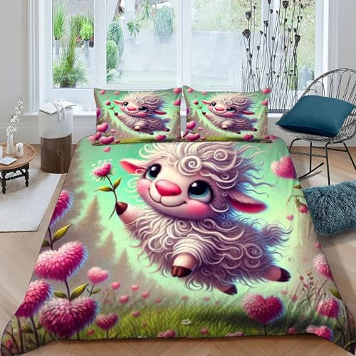 HOGDISAJD Curly Wolle Schafe Bettbezug Weiche Feder Cute Tiers 3D Gedruckt Bettdeckenbezug Und 2 Kissenbezug Luxus Bettbezug Set 3teilig Für Jungen Und Mädchen Double（200x200cm） von HOGDISAJD
