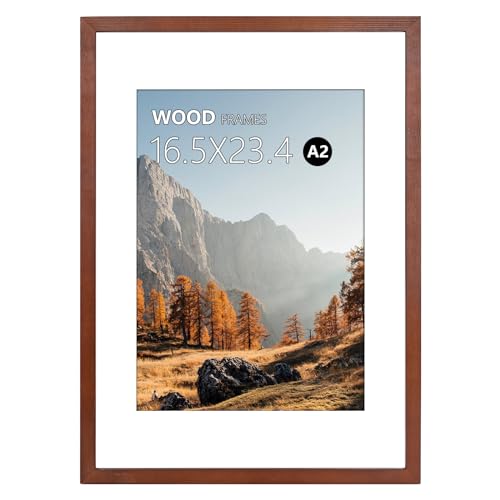 HOHIYO A2 Holz Bilderrahmen，Posterrahmen Puzzlerahmen A2(42x59,4 cm) aus Eiche mit Papier-Passepartout A3(29,7x42 cm) und bruchsicherem Plexi-Glas,zum Aufhängen, (Braun, A2(42x59,4 cm)) von HOHIYO