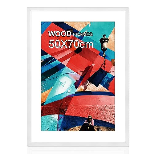 HOHIYO Holz Bilderrahmen 50x70 cm，Posterrahmen Puzzlerahmen 50x70 cm aus Eiche mit Papier-Passepartout 40x60 cm und,zum Aufhängen, Weiß von HOHIYO