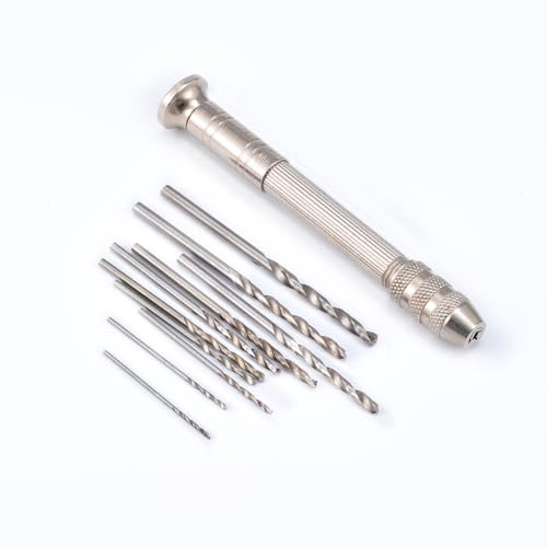 HOHXEN 0.3-3.0mm Mini-Handbohrer (Silber) mit 10 Stück 0.8-3.0mm Spiralbohrer Set, für Handwerks Bohren von Löchern in Harz Epoxy Ton Holz, Schmuckherstellung, Modellbau, Schnitzen DIY von HOHXEN