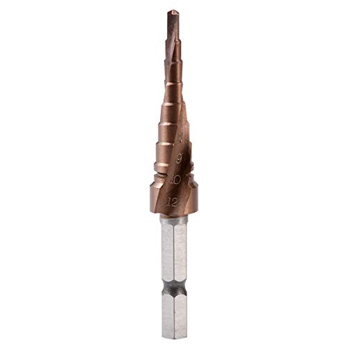 HOHXEN Spiralgenuteter Stufenbohrer [3-12mm, 9 Stufen], Schnellarbeitsstahl Co M35 Titanbeschichtet, 1/4'' Sechskantschaft, Bohren für Edelstahl Hartmetall Kunststoff Holz Gusseisen Kupfer Aluminium von HOHXEN