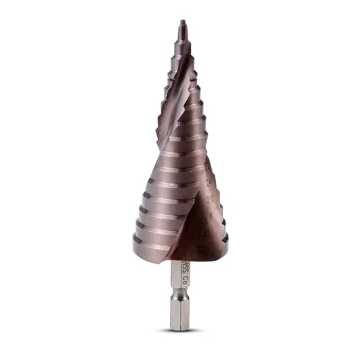 HOHXEN Spiralgenuteter Stufenbohrer [4-32mm, 9 Stufen], Schnellarbeitsstahl Co M35 Titanbeschichtet, 1/4'' Sechskantschaft, Bohren für Edelstahl Hartmetall Kunststoff Holz Gusseisen Kupfer Aluminium von HOHXEN