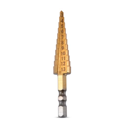 HOHXEN Stufenbohrer (3mm-13mm), Schnellarbeitsstahl 11 Stufen titanbeschichtet, 1/4 Zoll Sechskantschaft gerillter Stufenbohrer, Pagodenstufenbohrer, Lochschneiderwerkzeuge für Holz, Edelstahl, Blech von HOHXEN