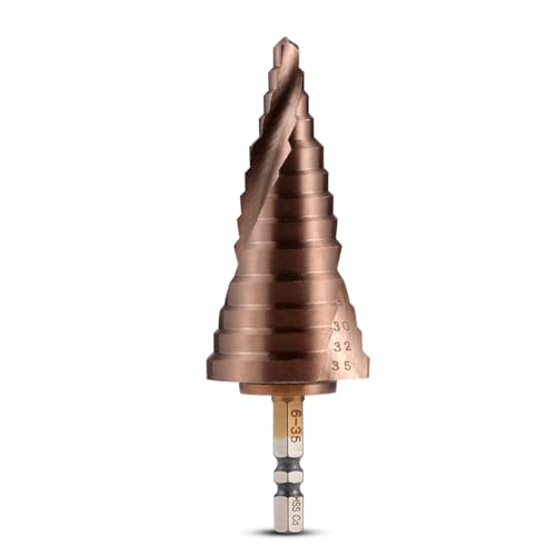 HOHXEN Stufenbohrer (6mm-35mm), Hochgeschwindigkeitsstahl co M35 Titan beschichtet, Sechskantschaft, gerillter Stufenbohrer, Konusbohrer Lochschneider für Holz, Edelstahl, Blech, Aluminium von HOHXEN