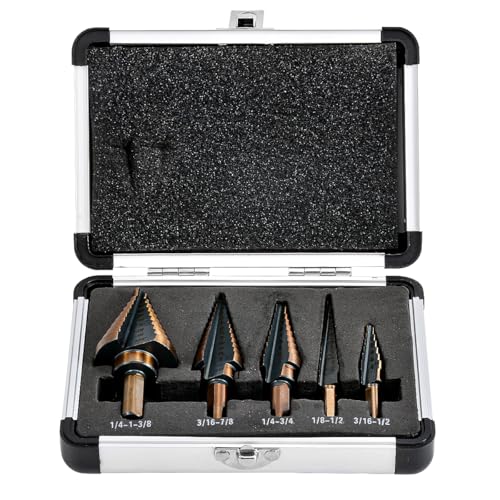 HOHXEN Stufenbohrer Set[5 Stück, 1/4"-1-3/8", 3/16"-7/8", 1/4"-3/4", 1/8"-1/2", 3/16"-1/2"], Dreieck Rundschaft Schnellarbeitsstahl Kegel Titan beschichtet Mehrere Größen für Holzbearbeitung von HOHXEN