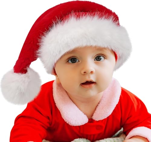 Baby Weihnachtsmütze für Kleinkind 0-6 Monate, Extra Dicken Nikolausmütze Baby, Luxus Kunstpelz für Weihnachten Neues Jahr festliche Weihnachtsmann Mütze Urlaub Partei Kopfbedeckungen Zubehör, Rote von HOIIOH