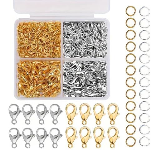 HOIRIX Karabinerverschlüsse und offene Binderinge, 700 Stück, Schmuckverschlüsse für Schmuck, DIY-Zubehör, Halskette, Armband, Herstellung und Reparatur (Gold + Silber, 700 Stück) von HOIRIX
