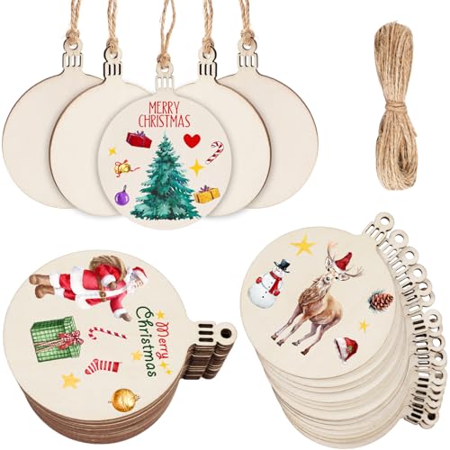 HOLDLEAF 35 Stück Weihnachtskugeln Holz Ø7cm mit Loch, inkl. Juteschnur – Blanko Holzanhänger zum Bemalen & Basteln, Weihnachtsanhänger, Christbaumschmuck, Geschenkanhänger von HOLDLEAF