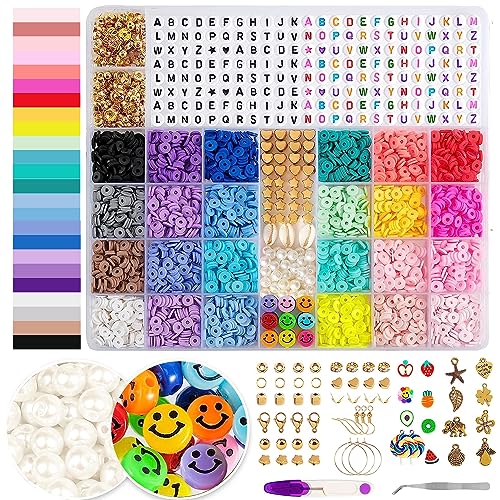 HOLDLEAF 6000+Stück Clay Perlen Set, 24 Farben Perlen für Armbänder, Perlensets mit bunten Smiley- und Buchstabenperlen für Schmuckherstellung von HOLDLEAF
