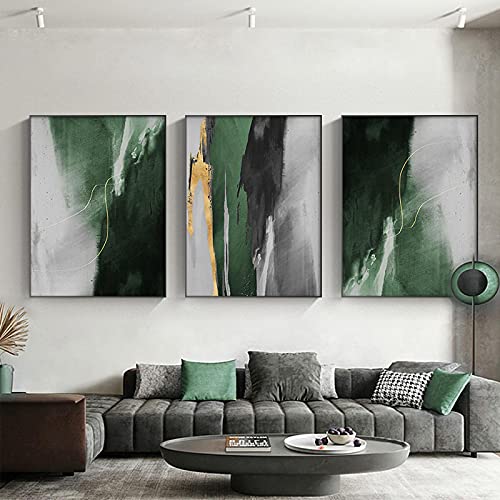 HOLEILUCK Abstrakte moderne grüne und goldene Folienkunst auf Leinwand, 3-teilig, nordische Drucke, Wandkunst, Bilder für Wohnzimmerdekoration, 60 x 95 cm/24 x 37 Zoll x 3 Stück, ungerahmt von HOLEILUCK