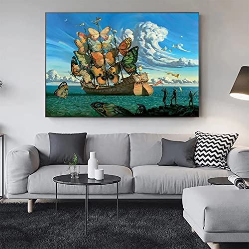 HOLEILUCK Salvador Dali Schiff mit Schmetterlingsinsekt HD-Druck, rahmenlose Gemälde, Wandkunst, Bild für Wohnzimmer, Heimdekoration, 90 x 150 cm, ungerahmt von HOLEILUCK