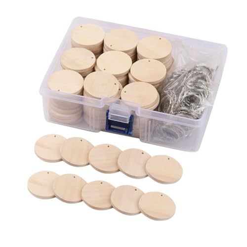 HOLIDYOYO 1 Schachtel Runde Holzscheiben Schlüsselanhänger Basteln Set Unvollendete Holzscheiben für DIY Projekte zum Bemalen und Personalisieren Natürliche Materialqualität Vielseitig für von HOLIDYOYO