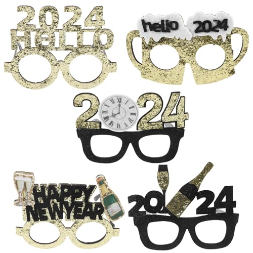 HOLIDYOYO 5 Stück Frohes Neues Jahr Brillen 2024 Silvester Neuheit Brille Glitzerpapier Sonnenbrille Weihnachtsfeier Foto Requisiten Für Silvester Partyzubehör von HOLIDYOYO