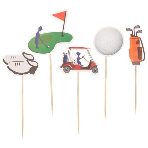 HOLIDYOYO Golf-Cupcake-Topper Golf-Kuchendekorationen Golfschuhe Tasche Ballwagen Rasen-Kuchenspieße Obstspieße Für Golf-Sportspieler Geburtstagsparty-Zubehör 5 Stück von HOLIDYOYO