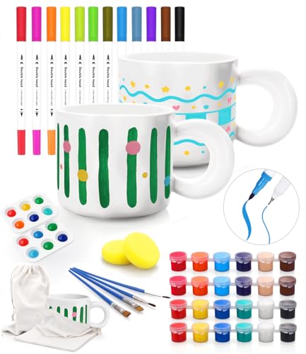 Keramik Bemalen Set - 2 weißE Porzellan Tassen zum Bemalen Set für Erwachsene & Kinder, DIY Keramik Malset Kreatives Geschenk mit Tassen, Acrylfarben, Pinseln, Porzellanstiften, Paletten, Schwämmen Keramik Bemalen Set - 2 weißE Porzellan Tassen zum Bemalen Set für Erwachsene & Kinder, DIY Keramik Malset Kreatives Geschenk mit Tassen, Acrylfarben, Pinseln, Porzellanstiften, Paletten, Schwämmen von HOLOVUE