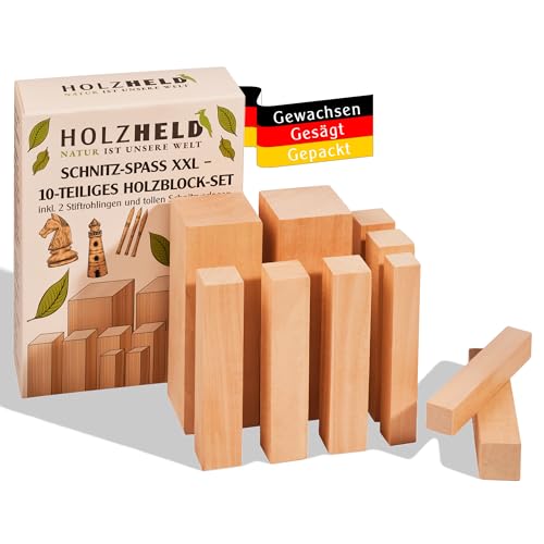 HOLZHELD Schnitzholz für Kinder – 10-teiliges Set aus Lindenholz zum Schnitzen – XXL Schnitzfiguren Rohling für Kinder – Schnitzrohlinge für Kinder, Schnitzholz aus Linde inkl. 2 x Stiftrohling HOLZHELD Schnitzholz für Kinder – 10-teiliges Set aus Lindenholz zum Schnitzen – XXL Schnitzfiguren Rohling für Kinder – Schnitzrohlinge für Kinder, Schnitzholz aus Linde inkl. 2 x Stiftrohling von HOLZHELD