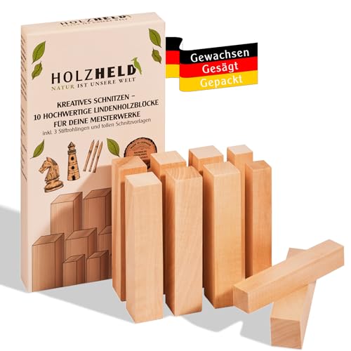 HOLZHELD 10-teiliges Holzschnitz-Set aus deutschem Lindenholz – 7 Holzklötze (12x2,5x2,5 cm) & 3 Stiftrohlinge (12x1,8x1,8 cm), inkl. Schnitzvorlagen, ideal für kreative Projekte, Kinder & Anfänger HOLZHELD 10-teiliges Holzschnitz-Set aus deutschem Lindenholz – 7 Holzklötze (12x2,5x2,5 cm) & 3 Stiftrohlinge (12x1,8x1,8 cm), inkl. Schnitzvorlagen, ideal für kreative Projekte, Kinder & Anfänger von HOLZHELD