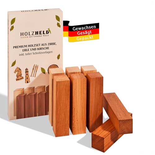 HOLZHELD Schnitzholz Zirbe – 8-teiliges Set aus – inkl. Schnitzfiguren Rohling für Kinder – Schnitzrohlinge für Kinder und Anfänger, Zirbenholz, Schnitzholz Rohlinge Groß von HOLZHELD