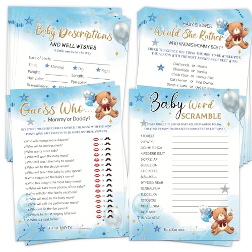 HOMANGA Babyparty-Spiele für Jungen und Mädchen, 4 lustige Spiele für 25 Gäste, wer kennt Mama am besten, Raten Sie wer Mama oder Papa, Word Scramble, Babybeschreibungen und Glückwünsche, Blaubär von HOMANGA